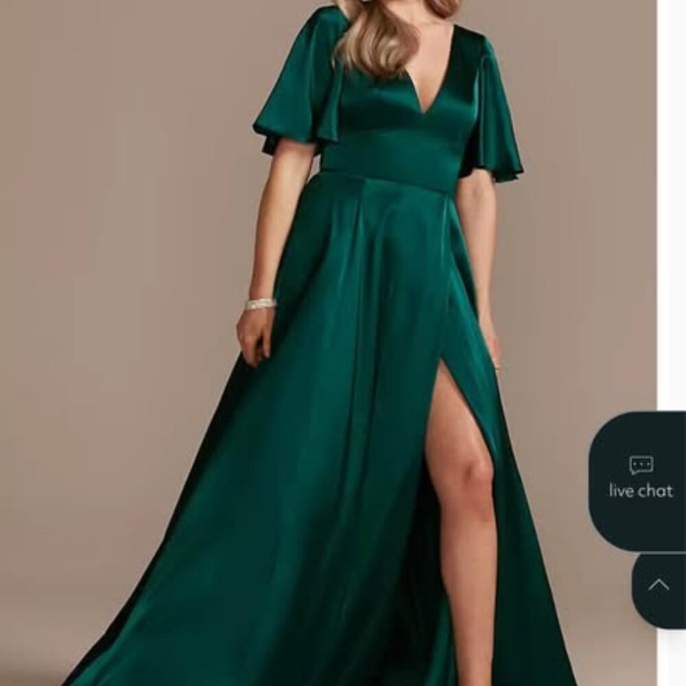 David’s Bridal Bridesmaid Dress - Gem (Emerald) Charmeuse Flutter Sleeve A-Line